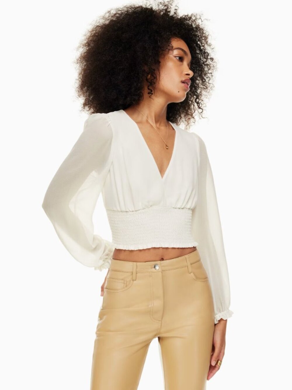 Aritzia WILFRED Wistful Black Chiffon Smocked Puff Sleeve V-Neck Blouse, Size S - Picture 11 of 14